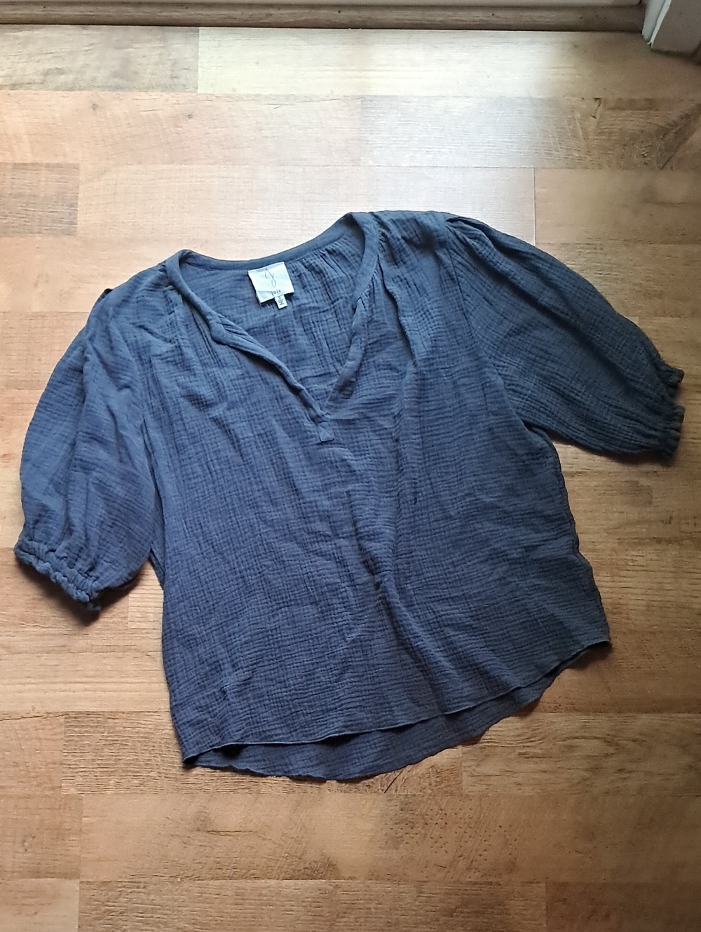 Joie Blue Gauzy Textured Cotton V-Neck Women's Top Puff Sleeves